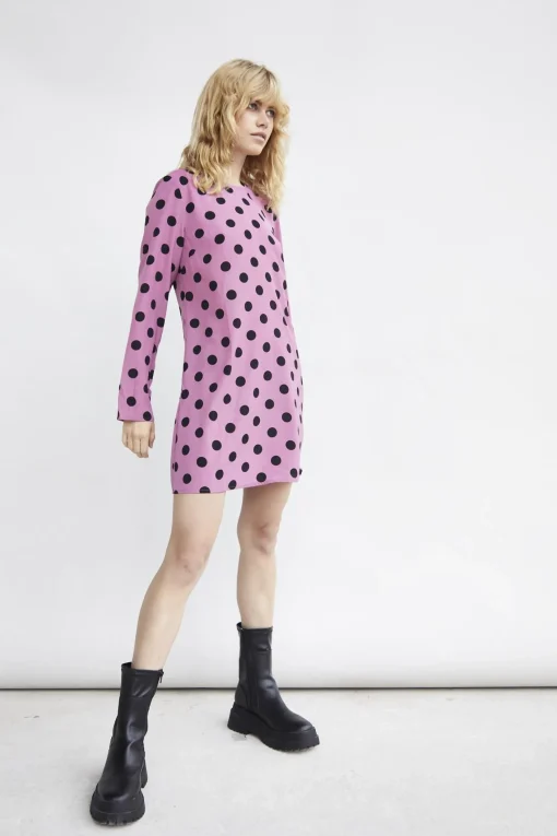 Glamorous Day Dresses|Mini Dresses|Purple Black Spot Long-Sleeve Mini-dress -