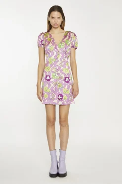 Glamorous Mini Dresses|Mini Dresses|Purple-Swirl-Floral V-Neck-Button-Up Mini-dress -