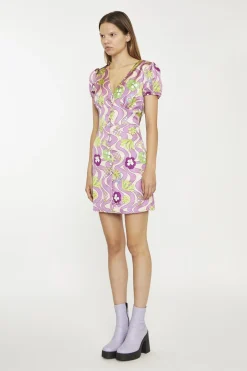 Glamorous Mini Dresses|Mini Dresses|Purple-Swirl-Floral V-Neck-Button-Up Mini-dress -