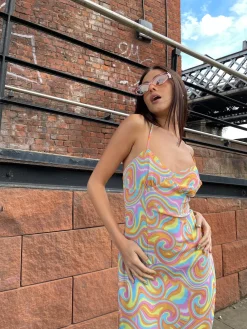 Glamorous Best Dressed Guest|Chic Escapes|Rainbow Swirl Asymmetric Hanky Hem Midi-dress -
