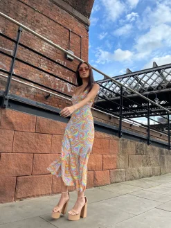 Glamorous Best Dressed Guest|Chic Escapes|Rainbow Swirl Asymmetric Hanky Hem Midi-dress -