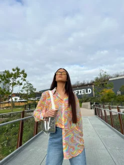 Glamorous Best Dressed Guest|Chic Escapes|Rainbow Swirl Button-Front Long Sleeve -shirt -