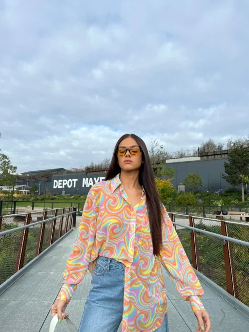 Glamorous Best Dressed Guest|Chic Escapes|Rainbow Swirl Button-Front Long Sleeve -shirt -
