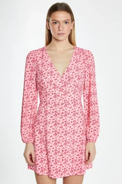 Glamorous Best Dressed Guest|Day Dresses|Raspberry Ditsy Button Front Long Sleeve Mini-Dress -