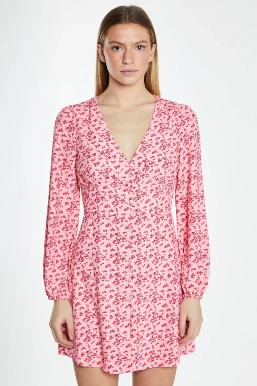 Glamorous Best Dressed Guest|Day Dresses|Raspberry Ditsy Button Front Long Sleeve Mini-Dress -