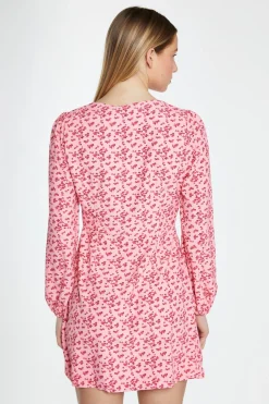 Glamorous Best Dressed Guest|Day Dresses|Raspberry Ditsy Button Front Long Sleeve Mini-Dress -