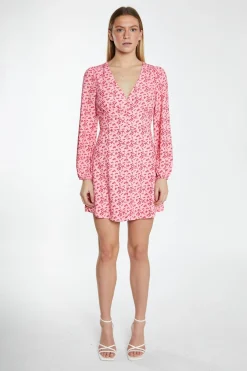 Glamorous Best Dressed Guest|Day Dresses|Raspberry Ditsy Button Front Long Sleeve Mini-Dress -