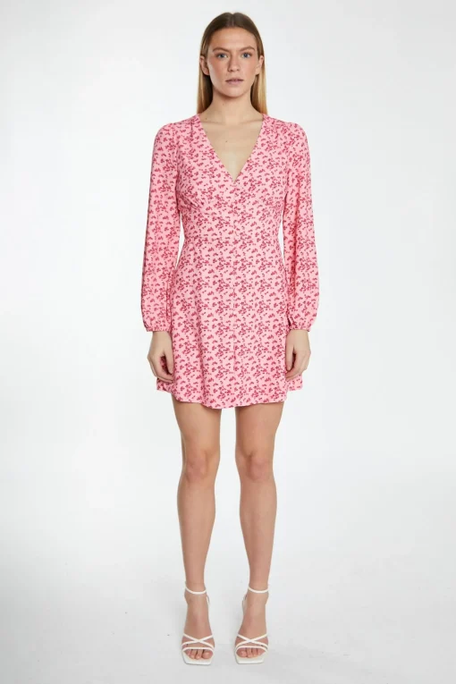 Glamorous Best Dressed Guest|Day Dresses|Raspberry Ditsy Button Front Long Sleeve Mini-Dress -