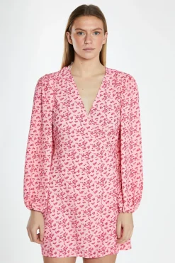 Glamorous Day Dresses|Wrap Dressses|Raspberry Ditsy V-Neck Wrap Mini Dress -
