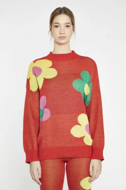 Glamorous Jumpers|Red Multi Glitter Floral Oversized-Jumper -