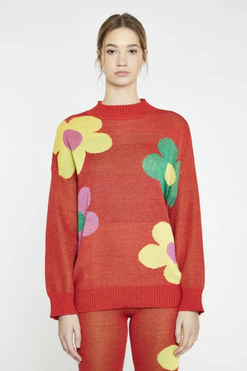 Glamorous Jumpers|Red Multi Glitter Floral Oversized-Jumper -
