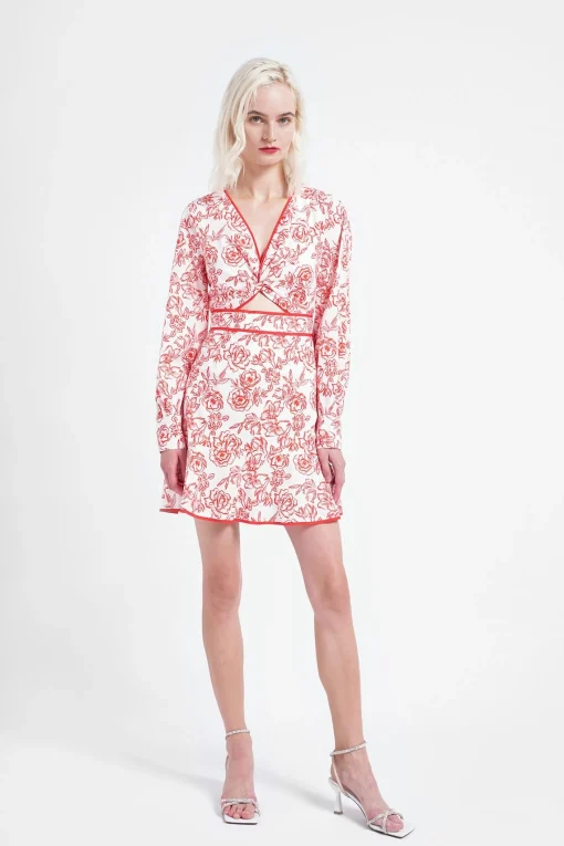 Glamorous Mini Dresses|Mini Dresses|Red Outline Floral V-Neck Cut-Out Mini-Dress -