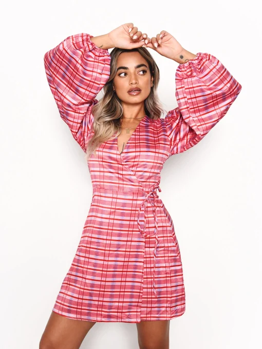 Glamorous Wrap Dressses|Mini Dresses|Red Pink Check Wrap Front Mini Dress -