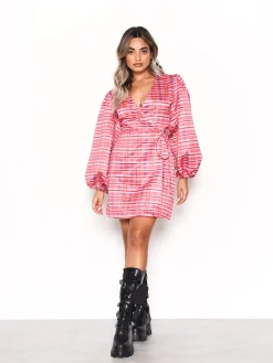 Glamorous Wrap Dressses|Mini Dresses|Red Pink Check Wrap Front Mini Dress -