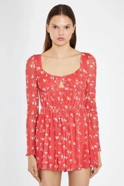 Glamorous Playsuits|Red Vintage-Floral Ruched Long-Sleeve Playsuit -