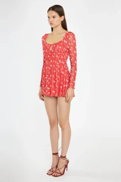 Glamorous Playsuits|Red Vintage-Floral Ruched Long-Sleeve Playsuit -