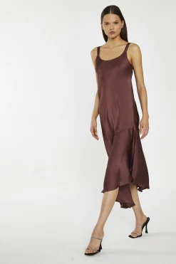 Glamorous Day Dresses|Party Dresses|Reddish-Brown Satin Bias-Cut Asymmetric-Dress -
