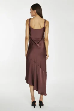 Glamorous Day Dresses|Party Dresses|Reddish-Brown Satin Bias-Cut Asymmetric-Dress -