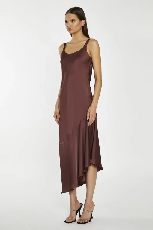 Glamorous Day Dresses|Party Dresses|Reddish-Brown Satin Bias-Cut Asymmetric-Dress -