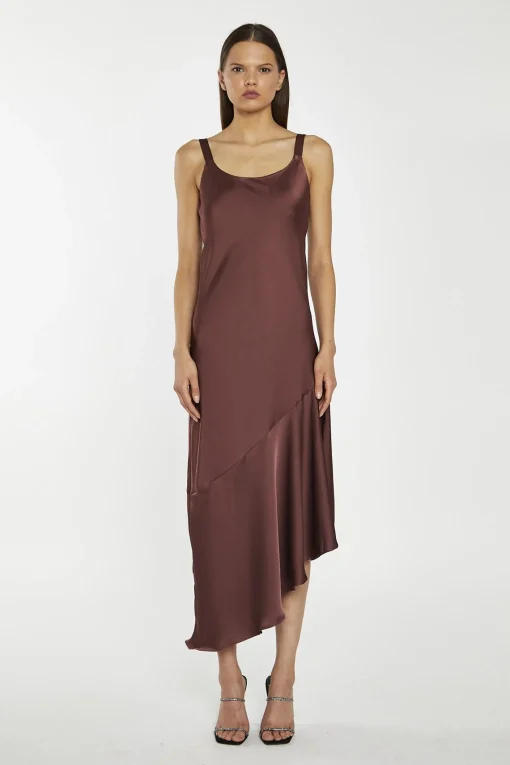Glamorous Day Dresses|Party Dresses|Reddish-Brown Satin Bias-Cut Asymmetric-Dress -