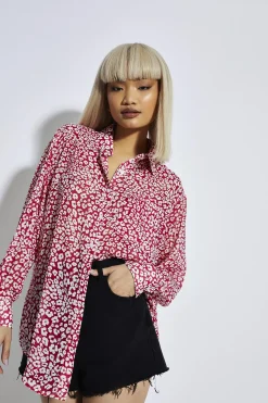 Glamorous Blouses & Shirts|Red-Leopard Chiffon Classic-Shirt -
