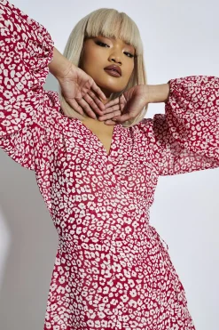 Glamorous Day Dresses|Mini Dresses|Red-Leopard Chiffon Wrap Mini-Dress -