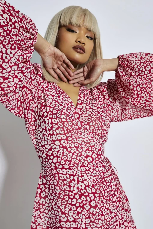 Glamorous Day Dresses|Mini Dresses|Red-Leopard Chiffon Wrap Mini-Dress -