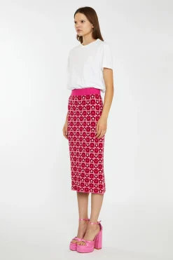 Glamorous Go To Partywear|Knitted Skirts|Red-Pink Flower Check Intarsia Knit Midi-Skirt -