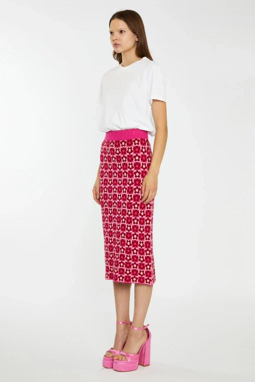 Glamorous Go To Partywear|Knitted Skirts|Red-Pink Flower Check Intarsia Knit Midi-Skirt -