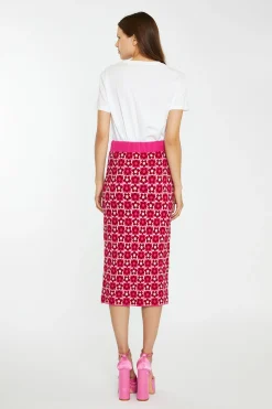 Glamorous Go To Partywear|Knitted Skirts|Red-Pink Flower Check Intarsia Knit Midi-Skirt -