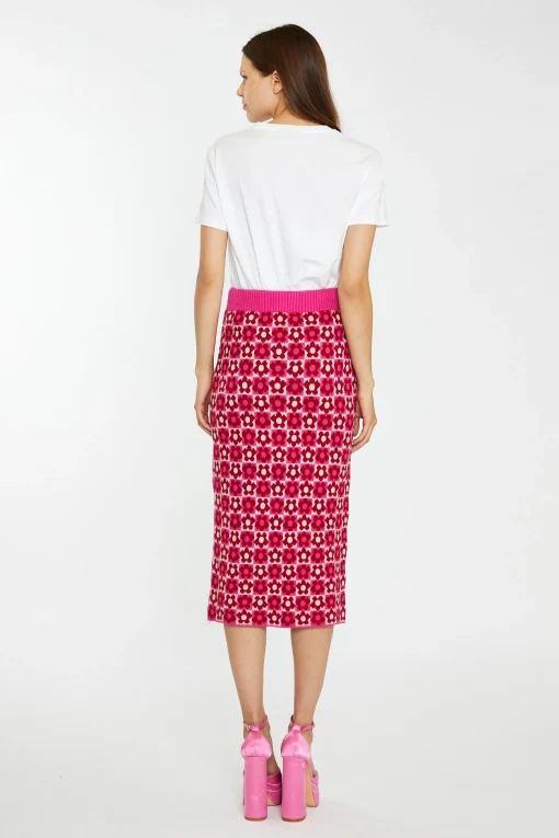 Glamorous Go To Partywear|Knitted Skirts|Red-Pink Flower Check Intarsia Knit Midi-Skirt -