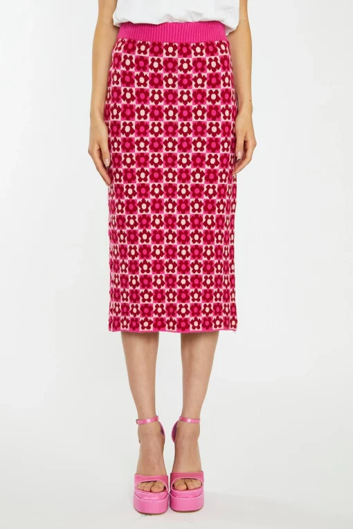 Glamorous Go To Partywear|Knitted Skirts|Red-Pink Flower Check Intarsia Knit Midi-Skirt -