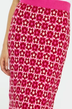 Glamorous Go To Partywear|Knitted Skirts|Red-Pink Flower Check Intarsia Knit Midi-Skirt -