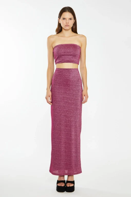 Glamorous Prom|Best Dressed Guest|Red-Plum Glitter Bandeau Crop-Top -