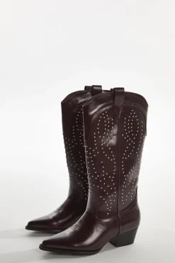 Glamorous Boots|Red-Pu Studded Cowboy Knee-High-Boots -