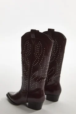 Glamorous Boots|Red-Pu Studded Cowboy Knee-High-Boots -