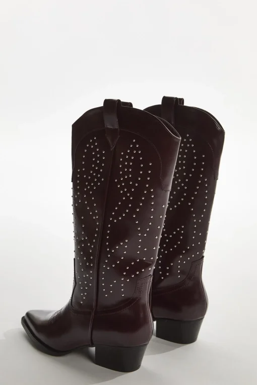 Glamorous Boots|Red-Pu Studded Cowboy Knee-High-Boots -
