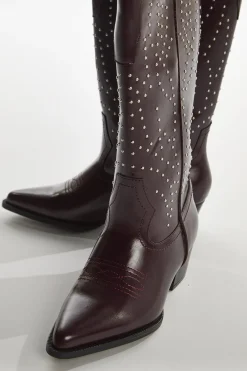 Glamorous Boots|Red-Pu Studded Cowboy Knee-High-Boots -
