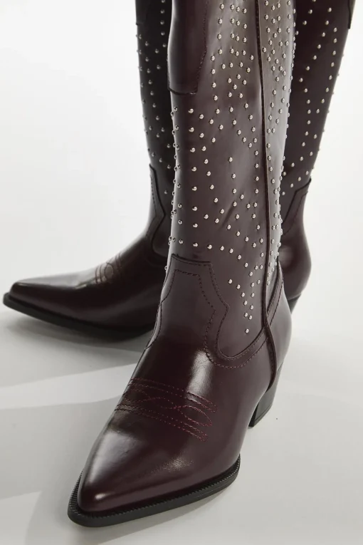 Glamorous Boots|Red-Pu Studded Cowboy Knee-High-Boots -