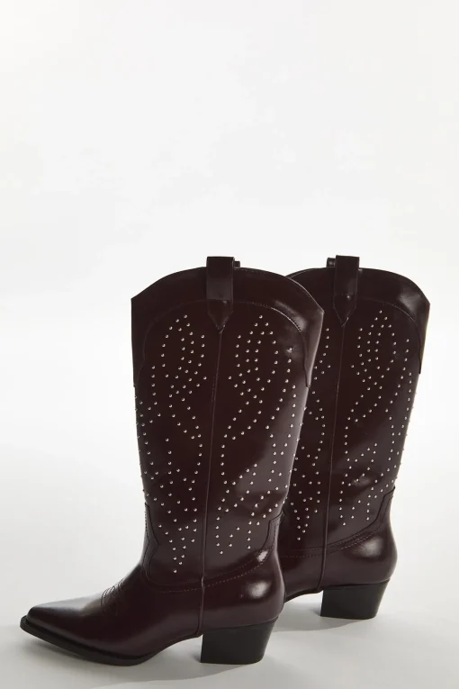 Glamorous Boots|Red-Pu Studded Cowboy Knee-High-Boots -