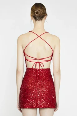 Glamorous Go To Partywear|Party Dresses|Red-Sequin Lace-Up Back Mini-Dress -