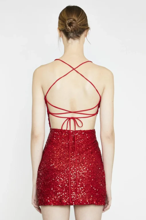 Glamorous Go To Partywear|Party Dresses|Red-Sequin Lace-Up Back Mini-Dress -