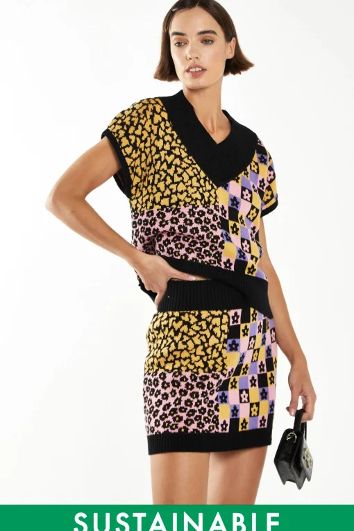 Glamorous Workwear|Go To Partywear|Retro Block Intarsia Knit Mini-Skirt -