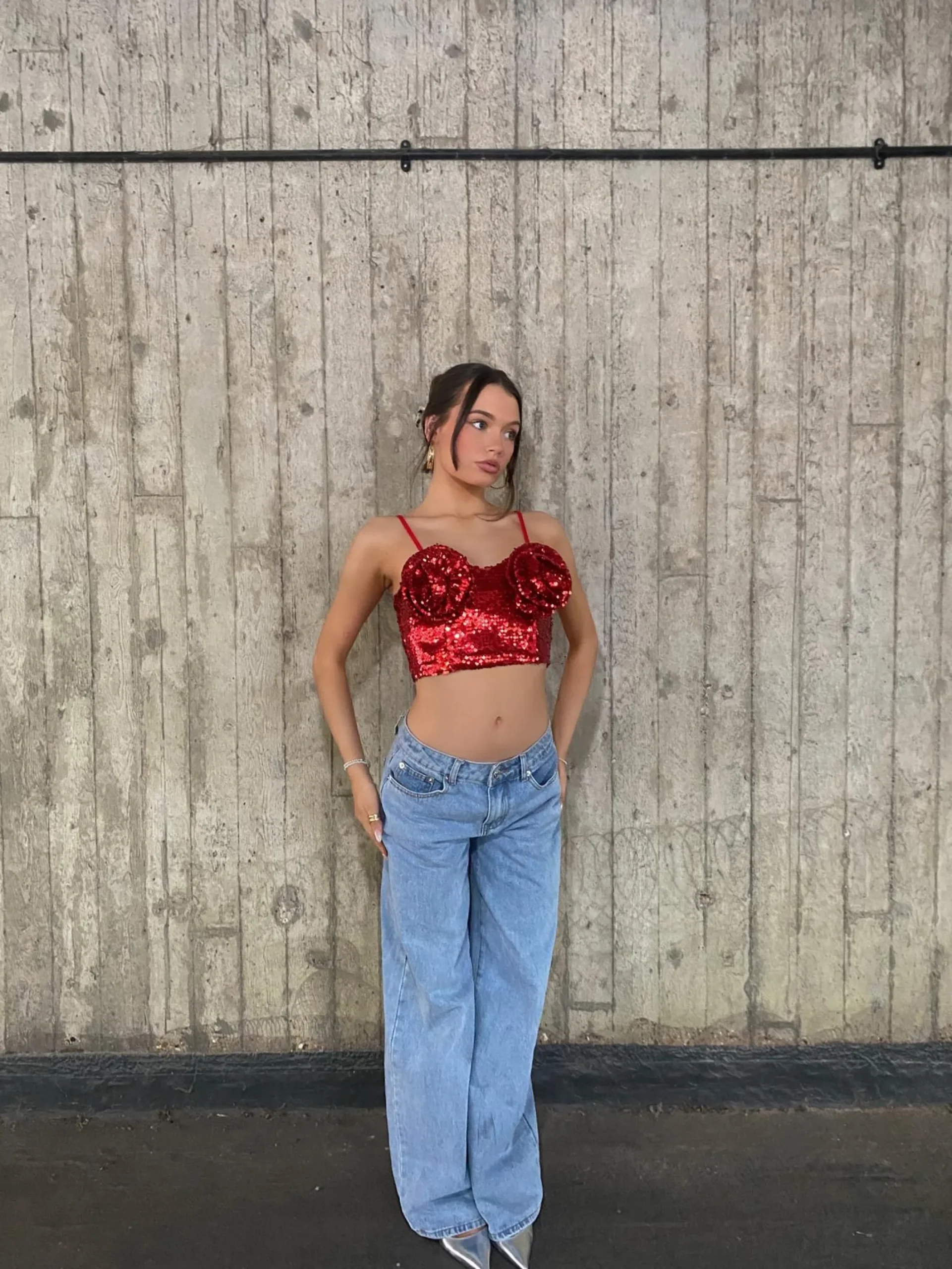 Glamorous Tops|Co-ords|Rosa Co-ord Corsage Bust Crop Top - Deep Red -