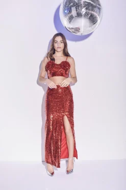 Glamorous Bottoms|Co-ords|Rosa Co-ord Thigh Split Maxi Skirt - Deep Red -