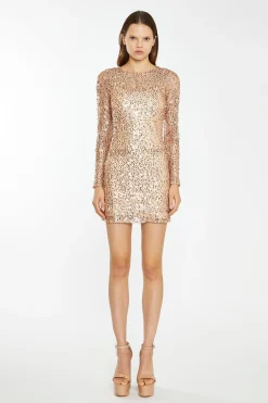 Glamorous Best Dressed Guest|Go To Partywear|Rose-Gold Sequin Mesh Mini-Dress -