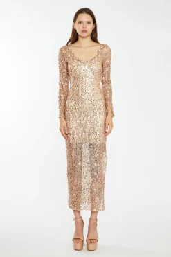 Glamorous Best Dressed Guest|Go To Partywear|Rose-Gold Sequin Mesh V-Neck Maxi-Dress -