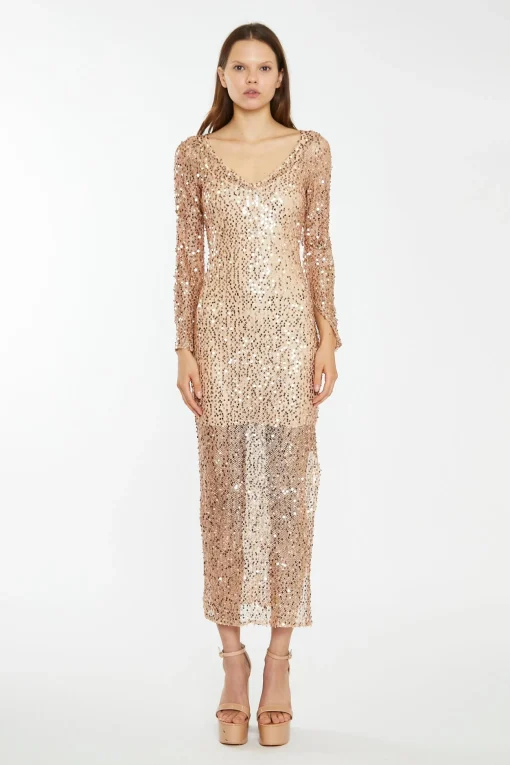 Glamorous Best Dressed Guest|Go To Partywear|Rose-Gold Sequin Mesh V-Neck Maxi-Dress -