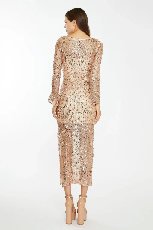 Glamorous Best Dressed Guest|Go To Partywear|Rose-Gold Sequin Mesh V-Neck Maxi-Dress -