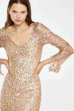 Glamorous Best Dressed Guest|Go To Partywear|Rose-Gold Sequin Mesh V-Neck Maxi-Dress -